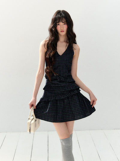 Sleeveless Plaid Navy Dress SHI0147