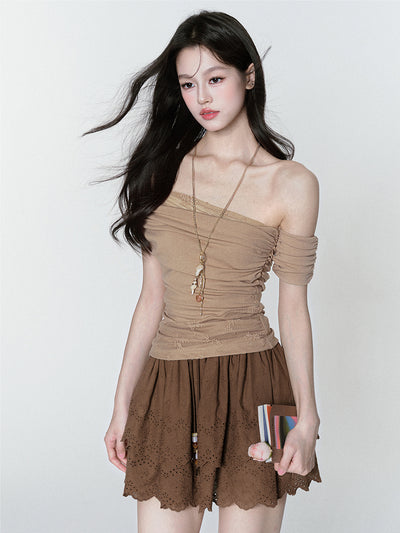 Lace Pleated One Shoulder T-shirt FRA0379