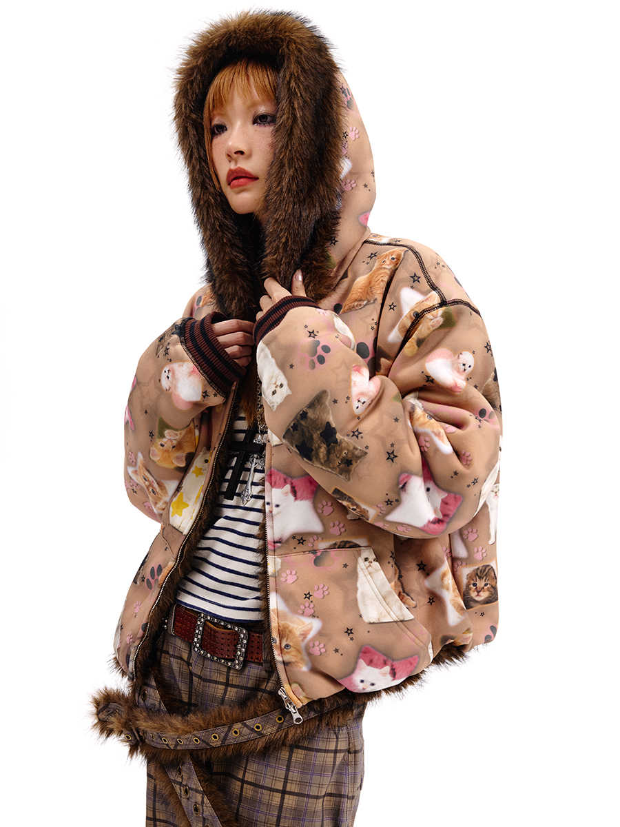 Cat Print Reversible Fur Hooded Jacket CFI0062