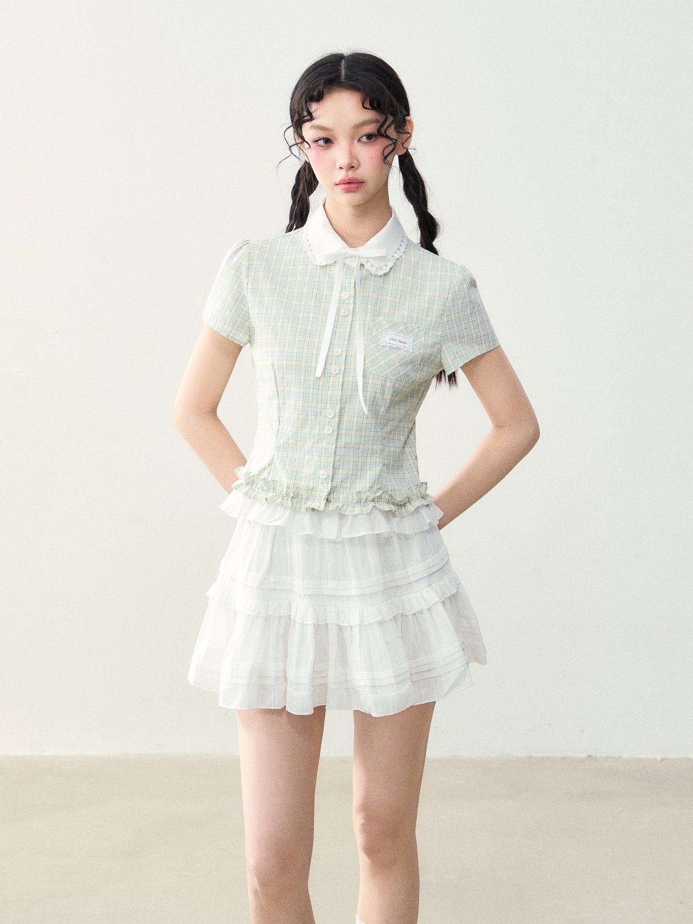 Doll Collar Fake Two-piece Plaid Shirt NTO0229