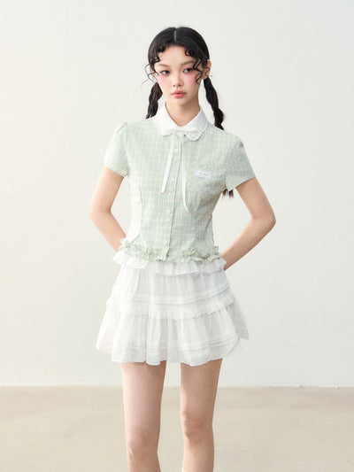 Doll Collar Fake Two-piece Plaid Shirt NTO0229