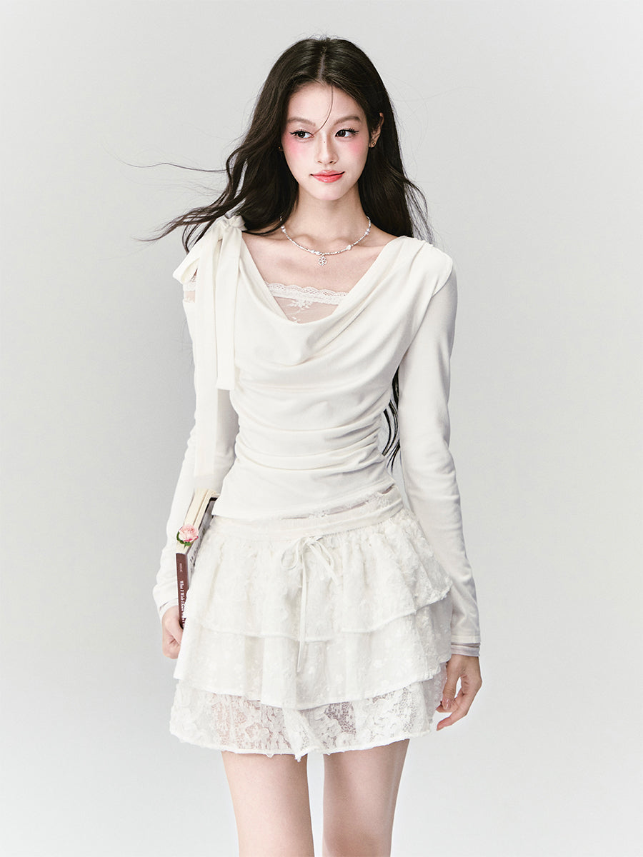 Cream Lace Swing Neck Top/Lace Cake Skirt FRA0410