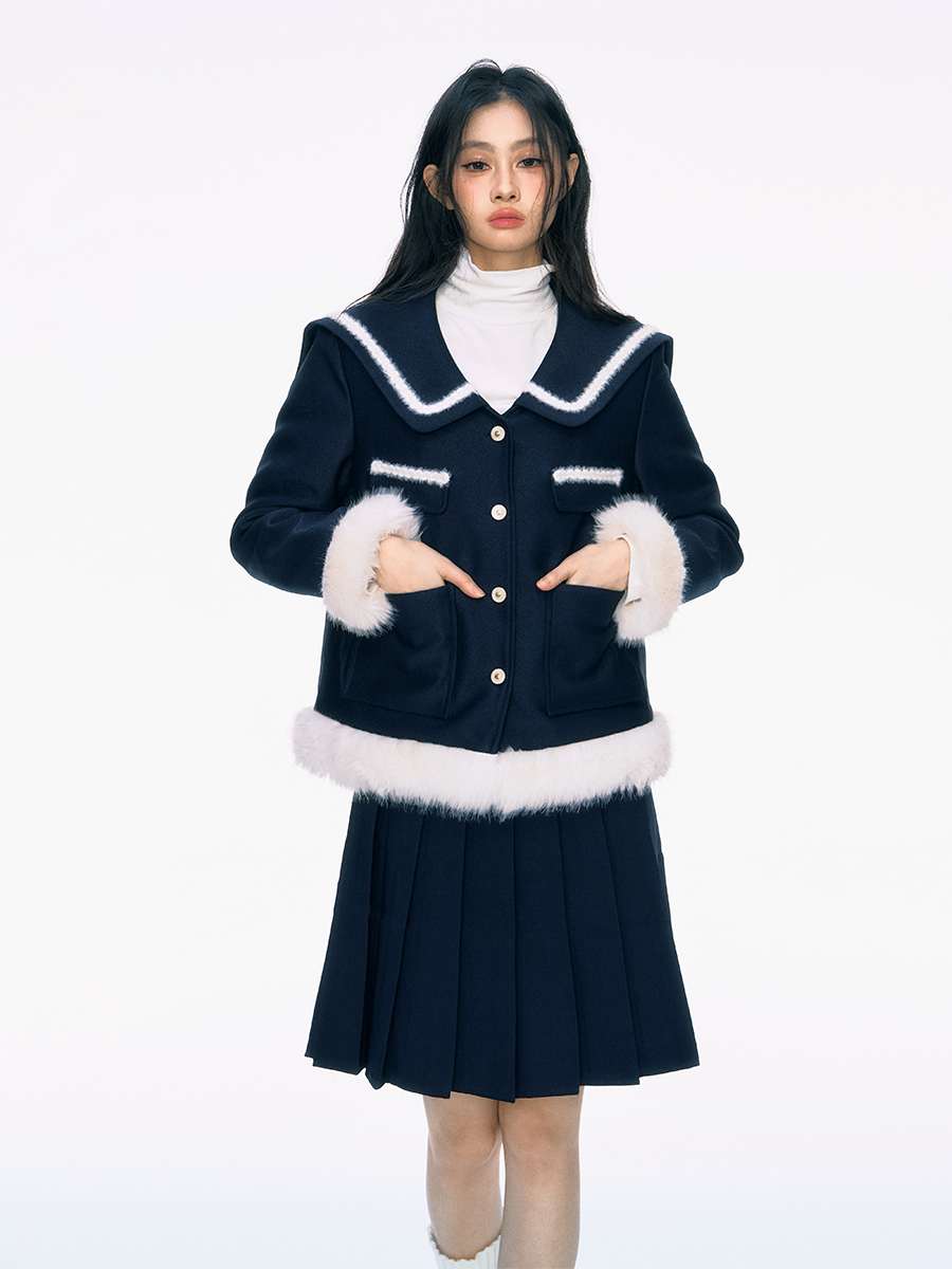 Navy Blue Large Collar Fur Cotton Jacket/Pleated Skirt PUN0038