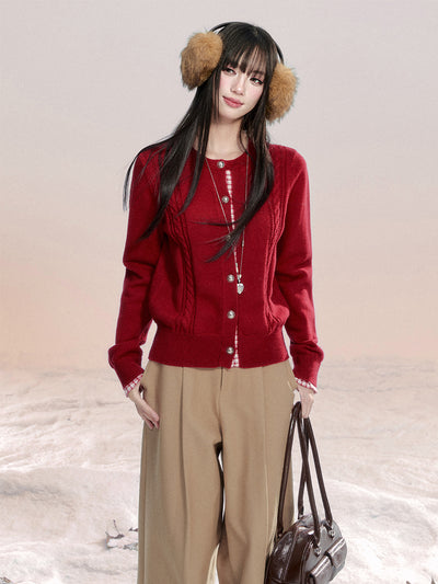 Red Faux Two-piece Plaid Knit Cardigan FRA0485