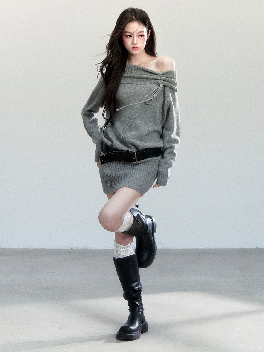 Velvet Draped Off-shoulder Knitted Dress FRA0461