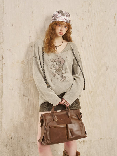Cat Print V-neck Loose Sweater DID0254