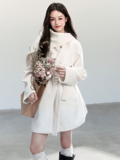 White Lace-up Elegant Scarf+Coat FRA0454
