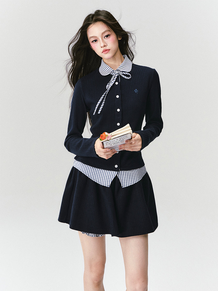Plaid Collar Knitted Top/Skirt FRA0418