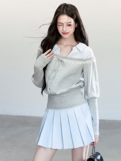 Fake Two-piece Sweatshirt/Stripe Pleated Skirt FRA0440