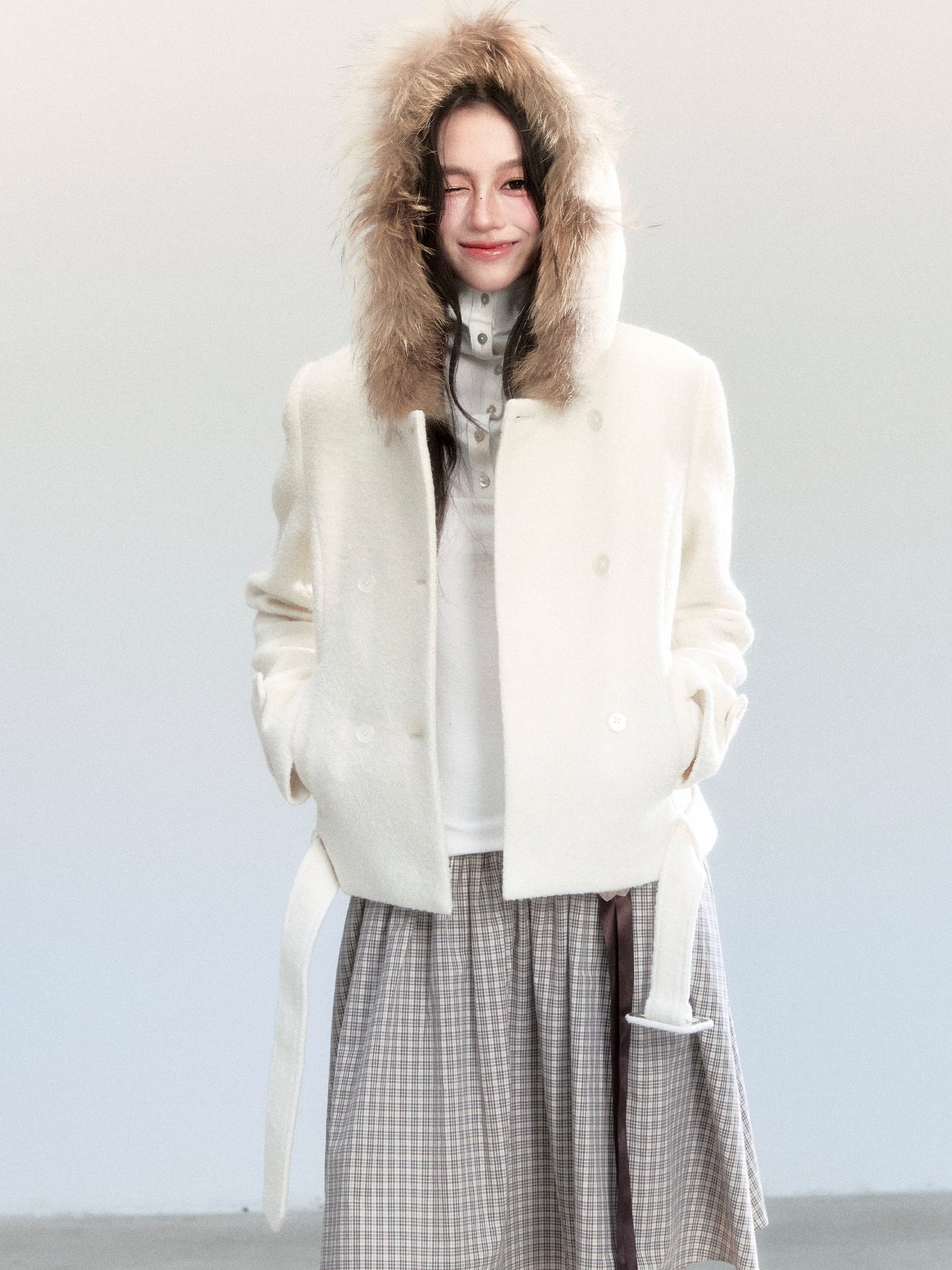 Fur Collar White Short Coat FRA0462