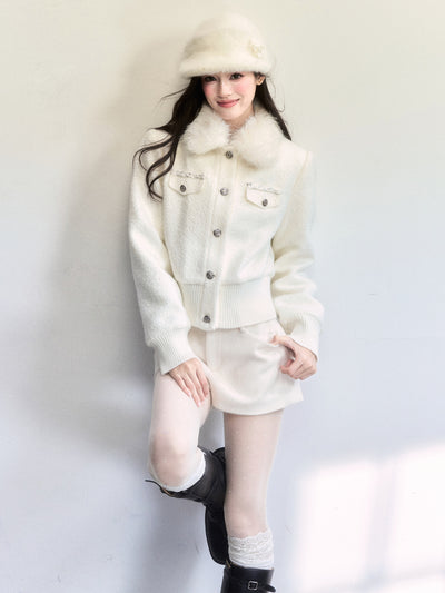 White Detachable Fur Collar Jacket FRA0504