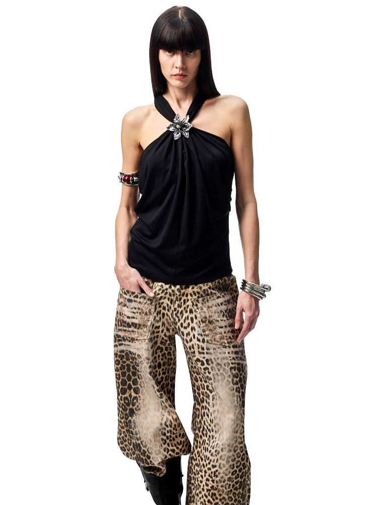 V-neck Pleated Sleeveless Halter Top JIN0022
