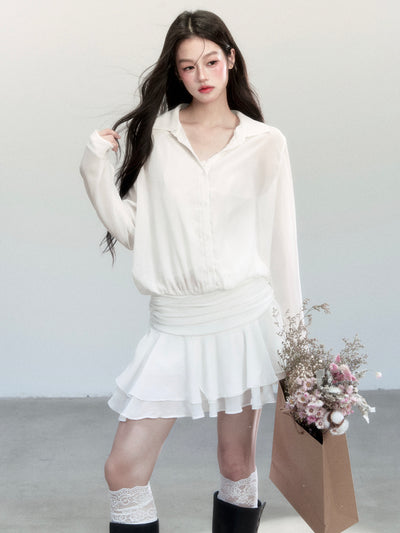 Chiffon Ruffled Hem Shirt Dress FRA0450