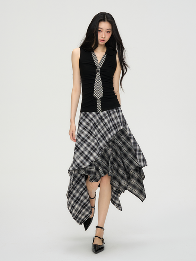 Plaid Tie Slim Sleeveless Shirt PUN0061