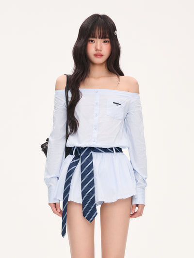 Striped Off-Shoulder Shirt Dress WEE0067