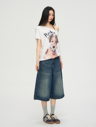 Puppy Print One Shoulder T-shirt PUN0069