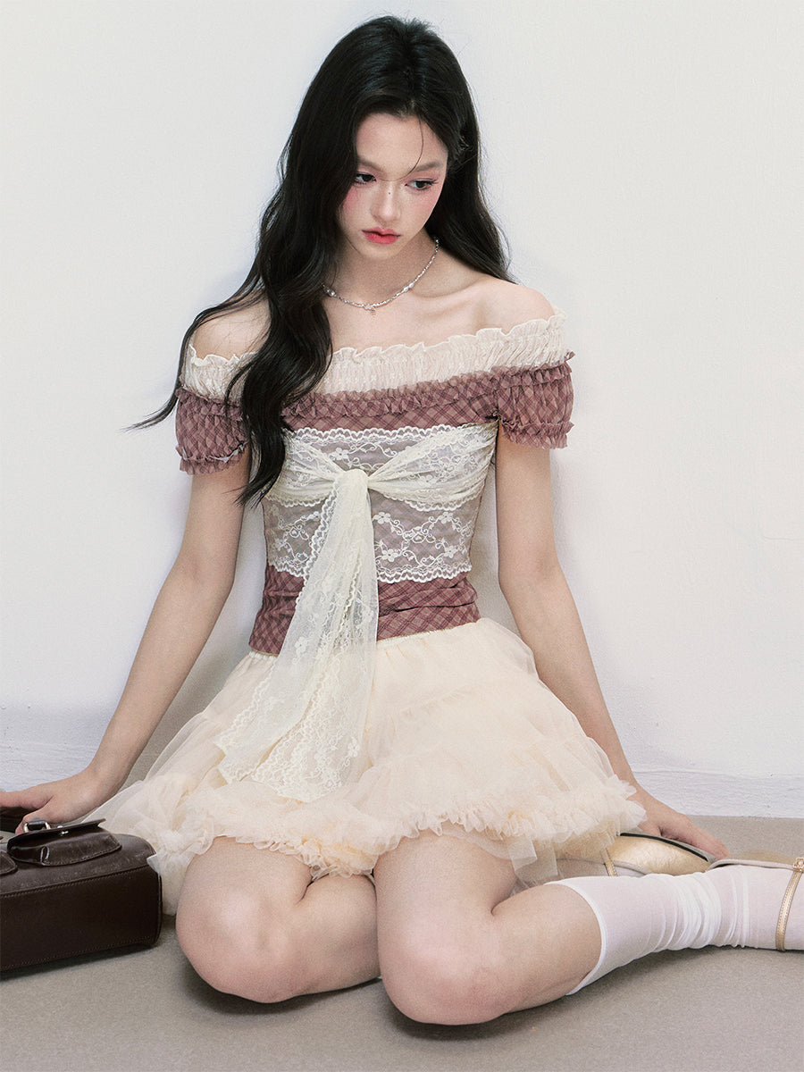 One-shoulder Strap Lace Plaid Top FRA0391