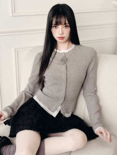Flower Fake Two-Piece Knitted Cardigan FRA0426
