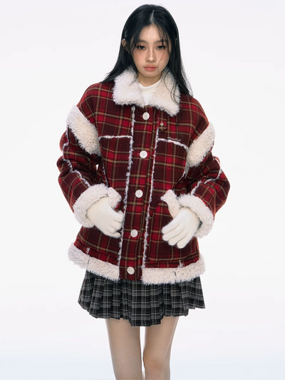 Red Plaid Woolen Fur Coat PUN0040