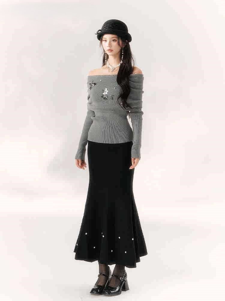 Diamond Knitted Fishtail Long Skirt BBB0096