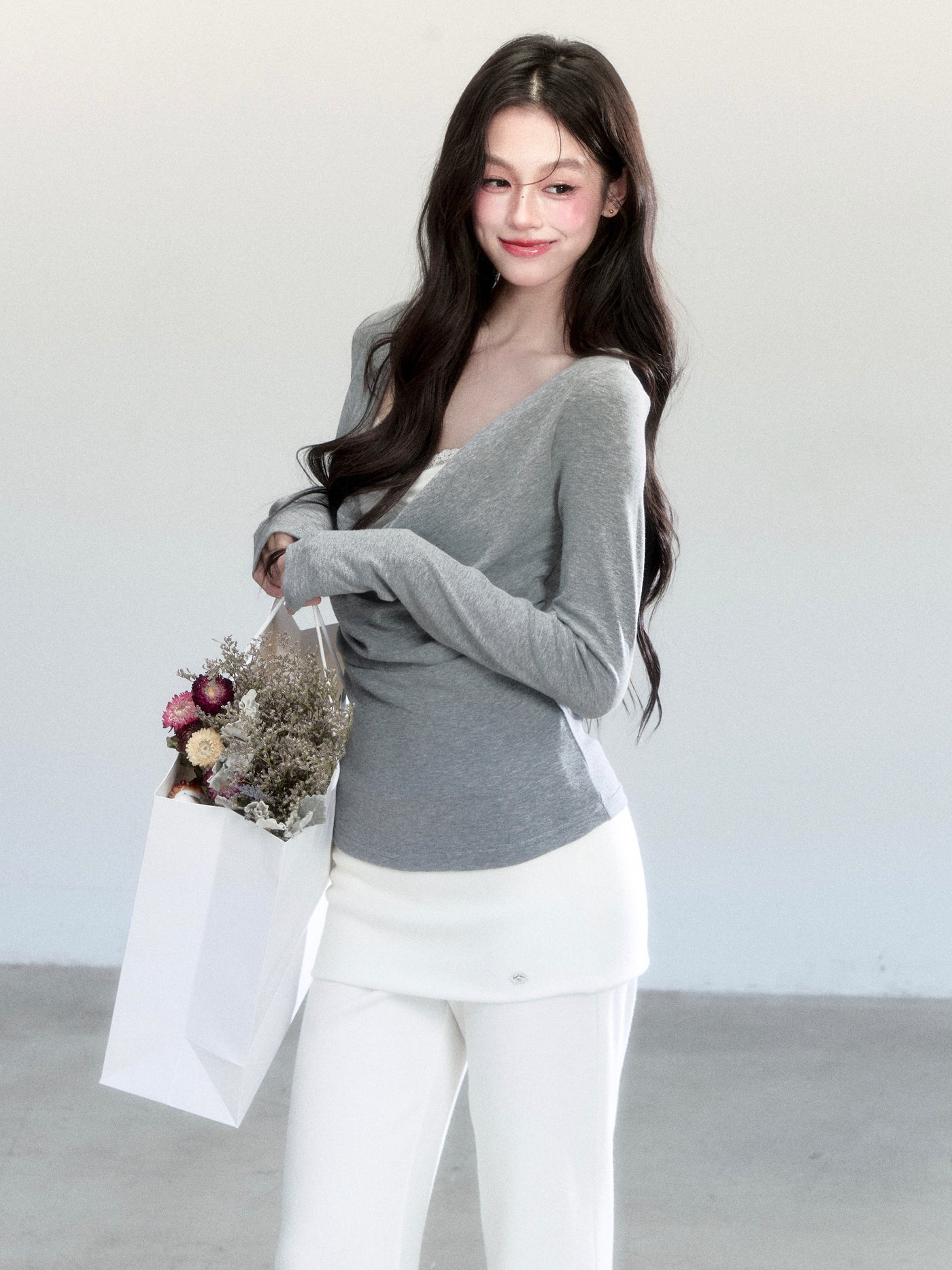Grey Floral Print Slimming Layer Sweater FRA0463