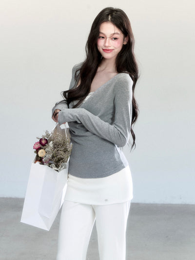 Grey Floral Print Slimming Layer Sweater FRA0463