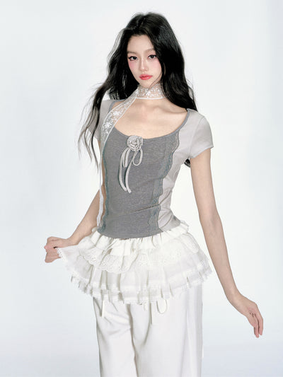 Lace Splicing Short Sleeve T-shirt FRA0369