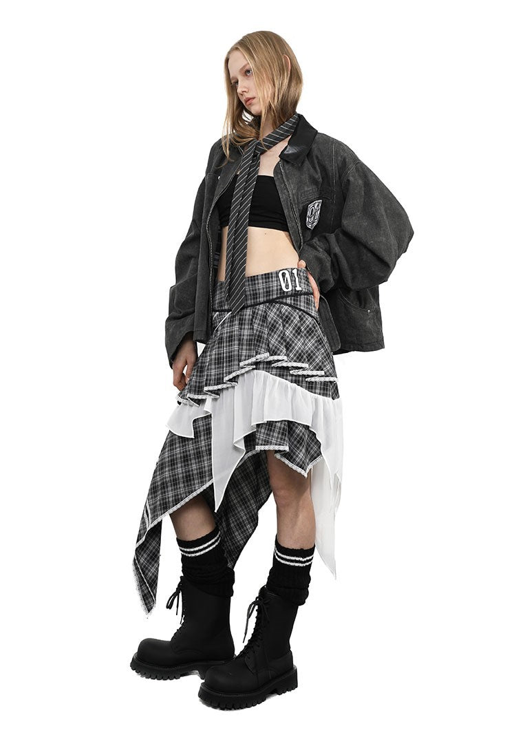 Plaid Patchwork Irregular Midi Skirt ANY0083