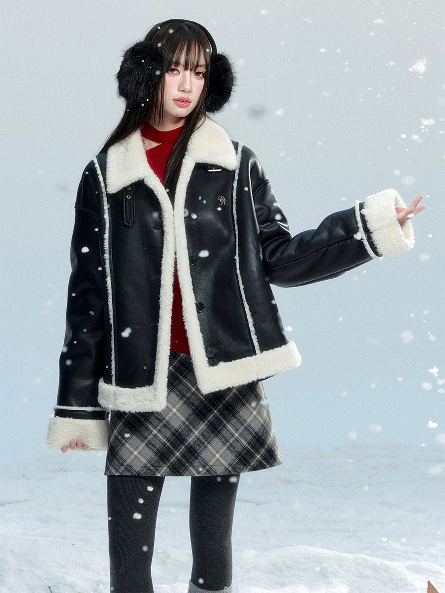 Fur Collar Black Leather Jacket FRA0477