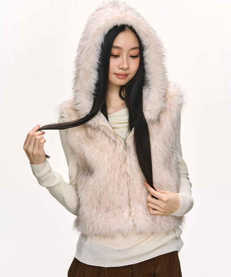 Eco-friendly Fur Hooded Short Vest Jacket ANA0101