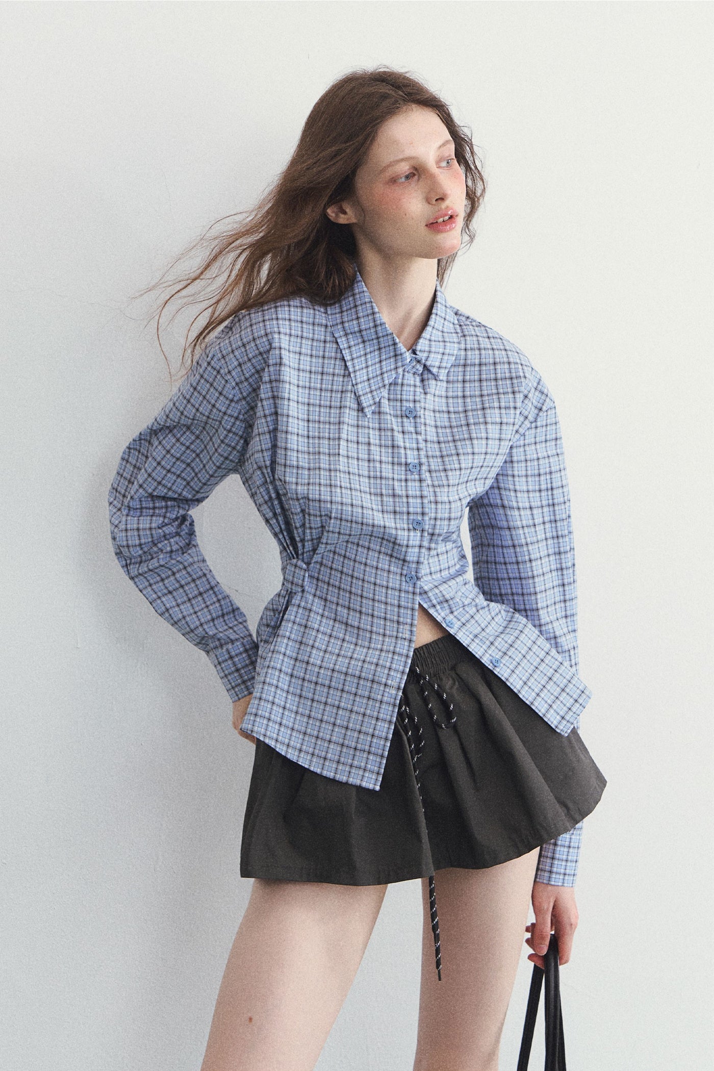 Irregular Collar Blue Plaid Shirt SPE0101