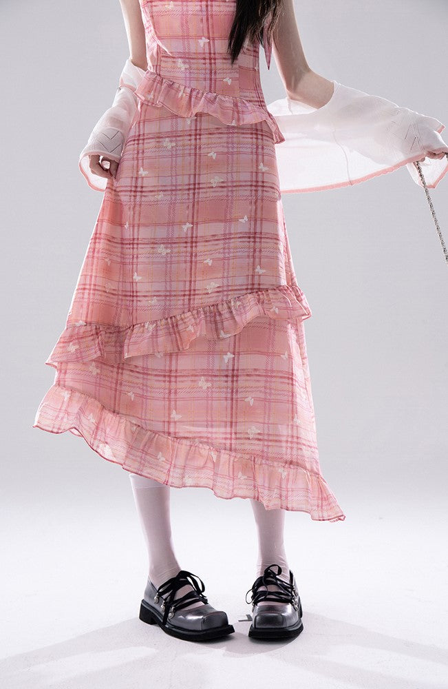 Check Butterfly Print Dress COT0260
