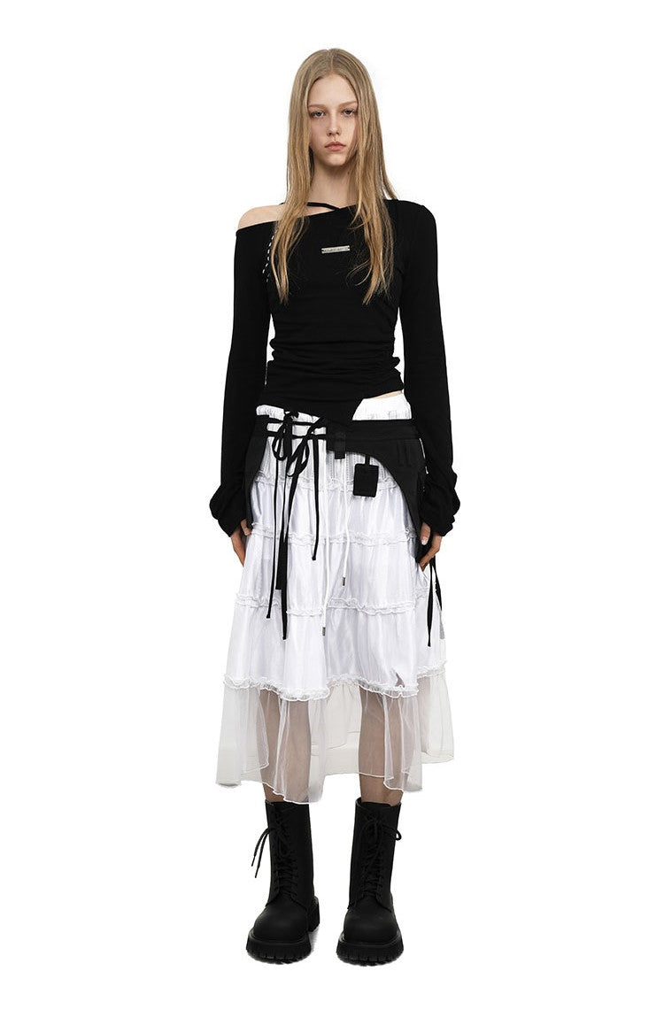 Black Irregular Pockets Outer Skirt ANY0087