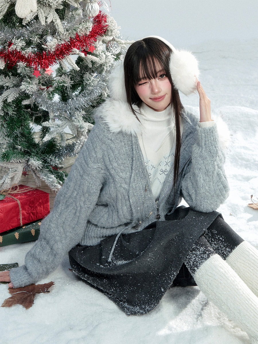 Large Fur Collar Knitted Jacket FRA0474