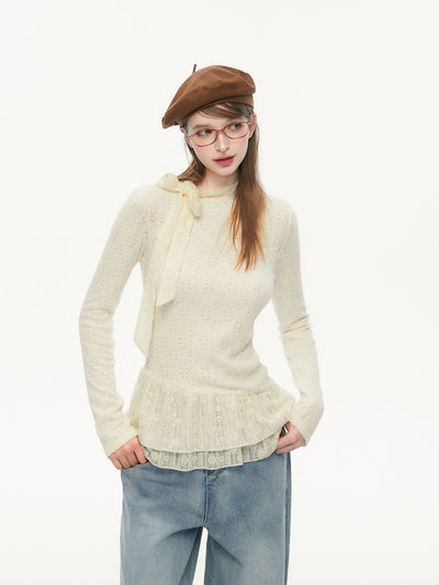 Lace Bow Tie Long Sleeves Top SPE0079