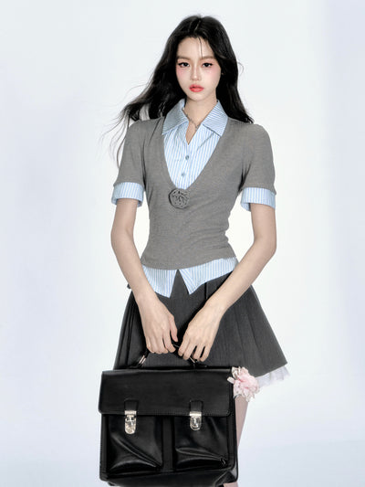 Blue Stripe Fake two-piece Shirt FRA0345