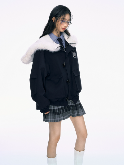 Navy Blue Fur Large Collar Cotton Jacket PUN0037