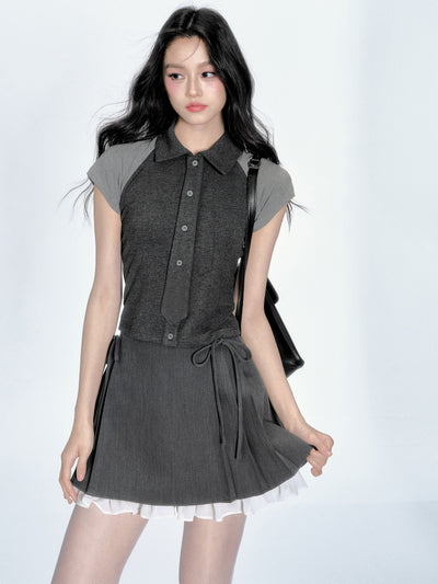 Contrast Color Tie Short Top/Skirt FRA0349