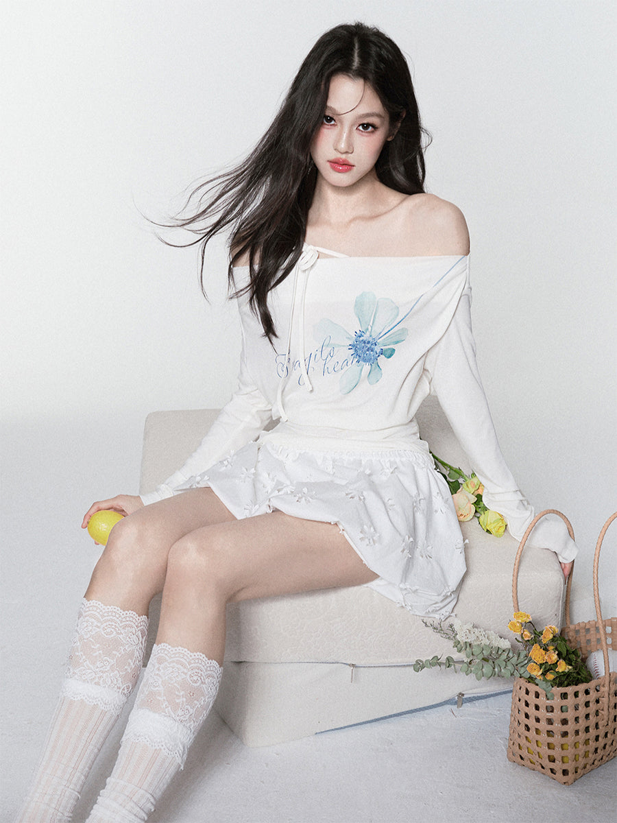 Flower Printed Off-shoulder T-shirt FRA0384