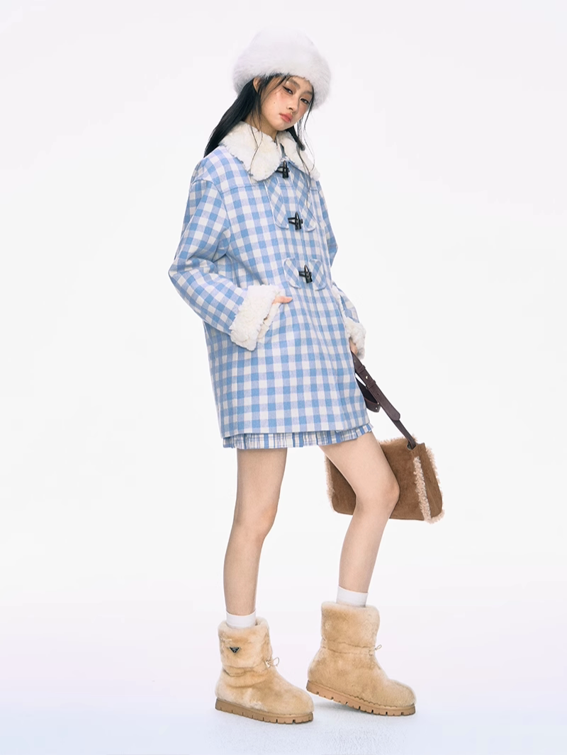 Fur Collar Horn Button Blue Plaid Cotton Coat PUN0031