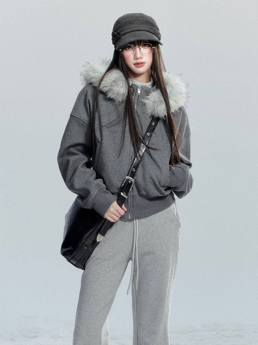 Large Fur Collar Hooded Sweatshirt Jacket FRA0481