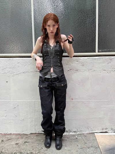 V-neck Metal Slim Zipper Vest DOU0131