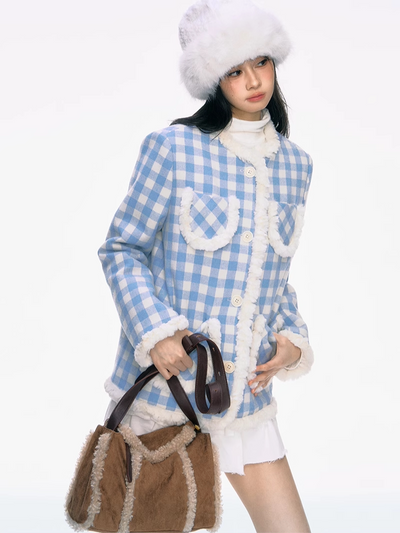 Fur Edge Blue Plaid Cotton Jacket PUN0030