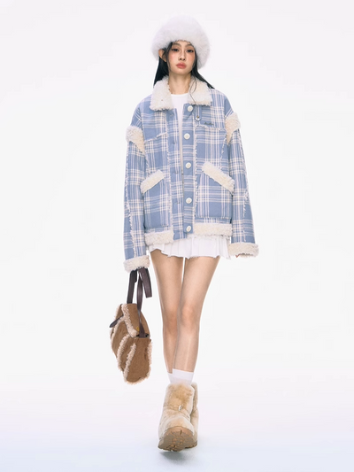 Fur Collar Blue Plaid Jacket PUN0035