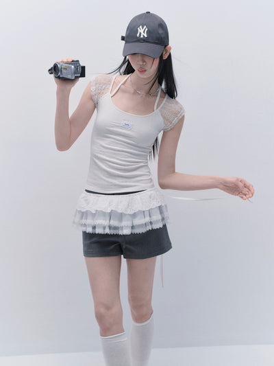 Lace Splicing Short Sleeves T-shirt FRA0339