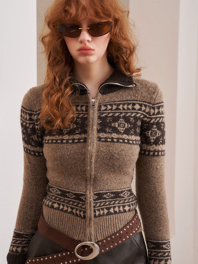 Zipper Isle Jacquard Knitted Cardigan DID0218