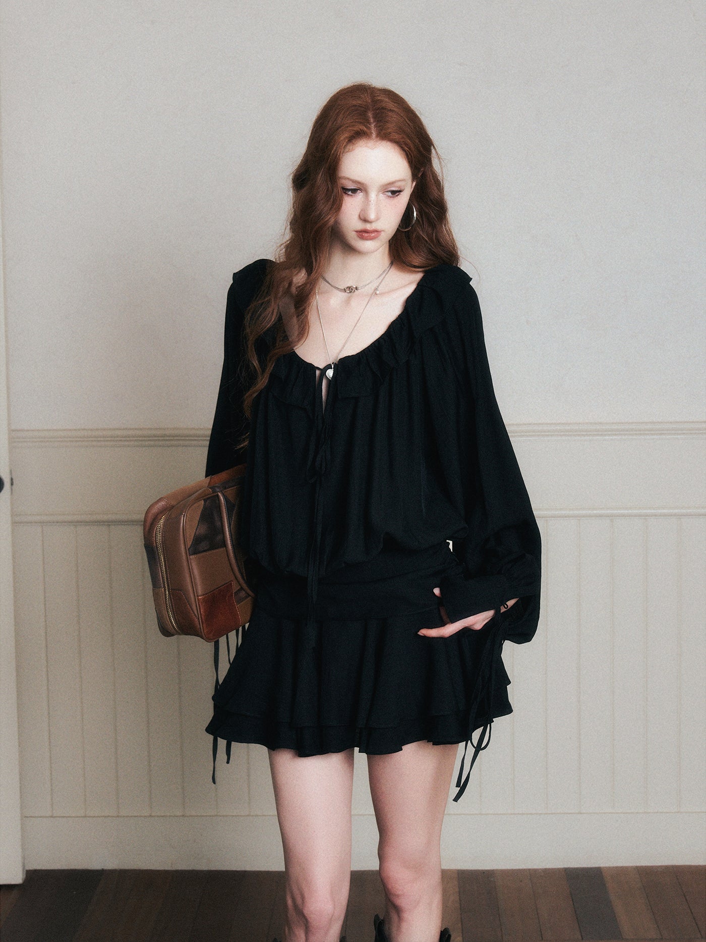 Ruffled Chiffon Satin Shirt Dress LUL0170