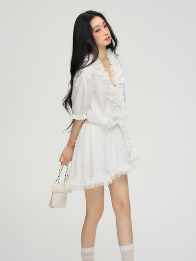 Cream Lace V-neck Shirt/Skirt PUN0068
