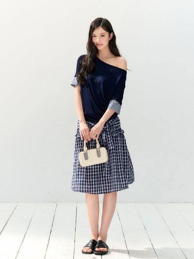 Oblique Shoulder Plaid T-shirt SHI0142