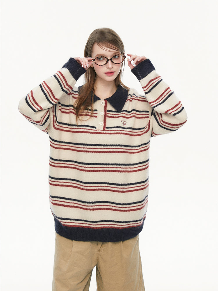 Retro Polo Collar Striped Sweater SPE0075